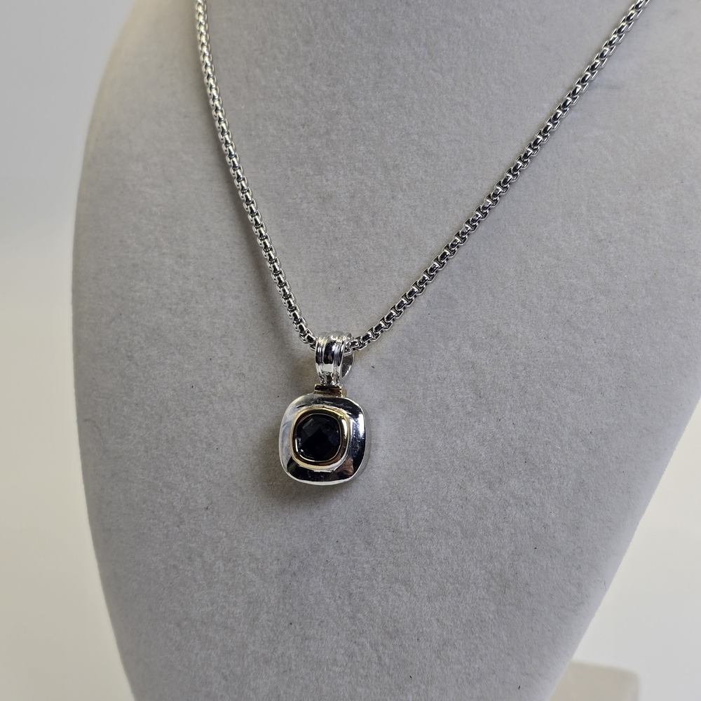 Silver Tone Black Faceted Stone Necklace & Pierced Earrings Set Gold Tone Accent - Picture 4 of 13